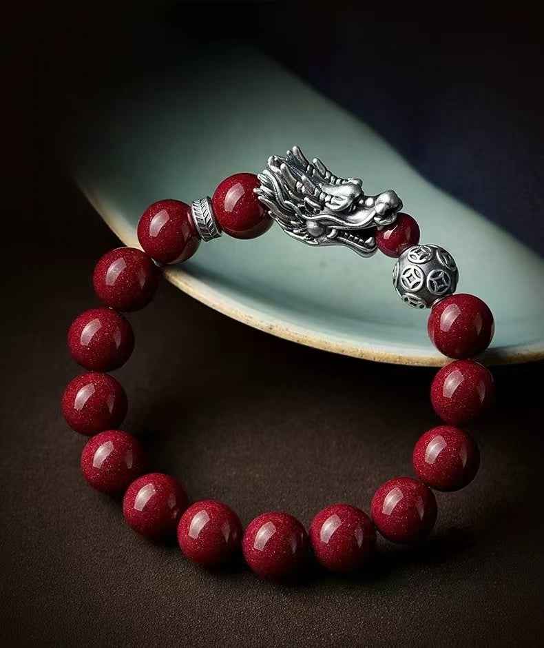Mystical Silver Dragon Cinnabar Bracelet - Sterling & Fine Silver Energy Talisman (53.4g｜16-17cm Wrist)
