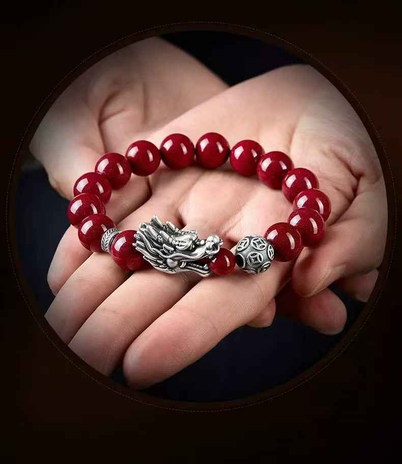 Mystical Silver Dragon Cinnabar Bracelet - Sterling & Fine Silver Energy Talisman (53.4g｜16-17cm Wrist)