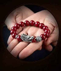 Mystical Silver Dragon Cinnabar Bracelet - Sterling & Fine Silver Energy Talisman (53.4g｜16-17cm Wrist)