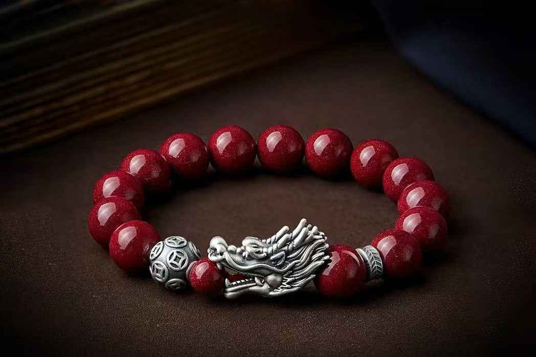 Mystical Silver Dragon Cinnabar Bracelet - Sterling & Fine Silver Energy Talisman (53.4g｜16-17cm Wrist)