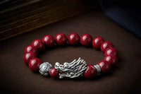 Mystical Silver Dragon Cinnabar Bracelet - Sterling & Fine Silver Energy Talisman (53.4g｜16-17cm Wrist)