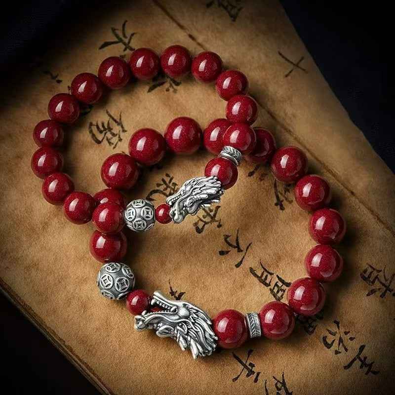 Mystical Silver Dragon Cinnabar Bracelet - Sterling & Fine Silver Energy Talisman (53.4g｜16-17cm Wrist)