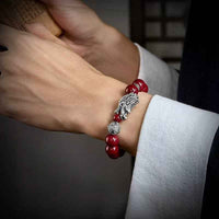 Mystical Silver Dragon Cinnabar Bracelet - Sterling & Fine Silver Energy Talisman (53.4g｜16-17cm Wrist)