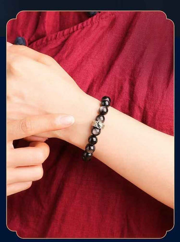 Nine Mantra Five Wealth Deities Bracelet S925 Silver | Triple Obsidian Variants