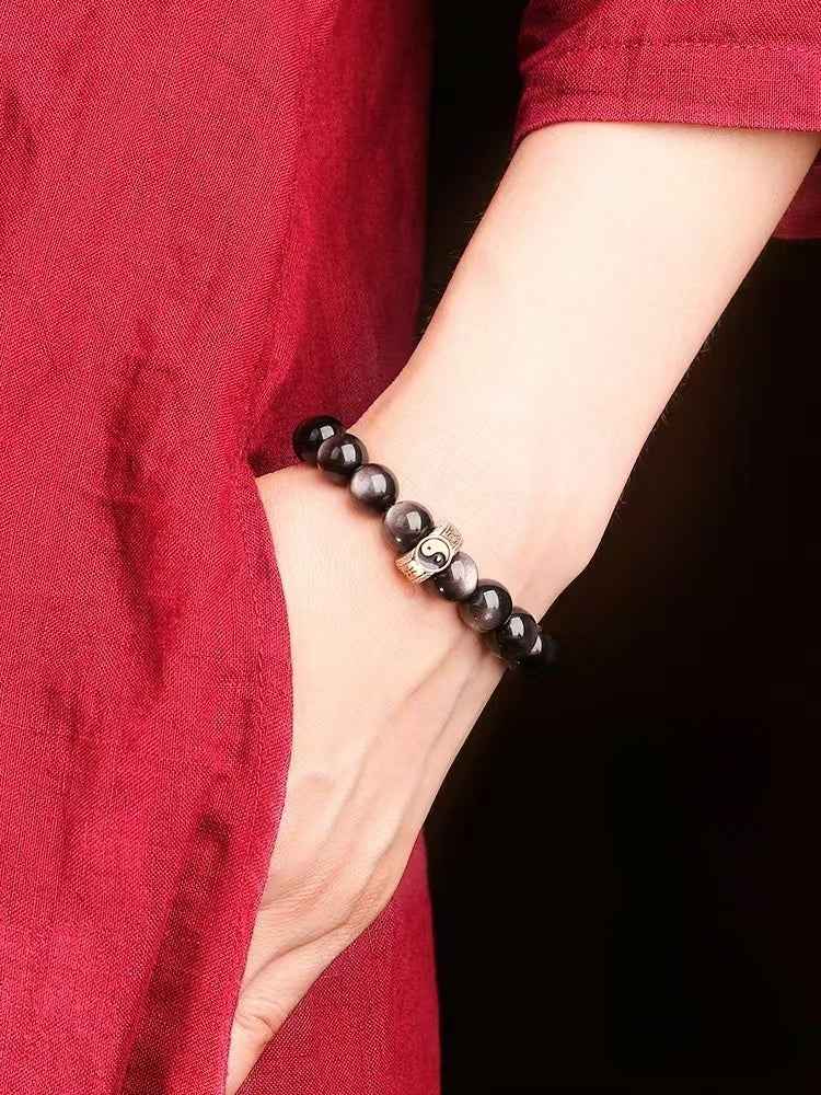 Nine Mantra Five Wealth Deities Bracelet S925 Silver | Triple Obsidian Variants
