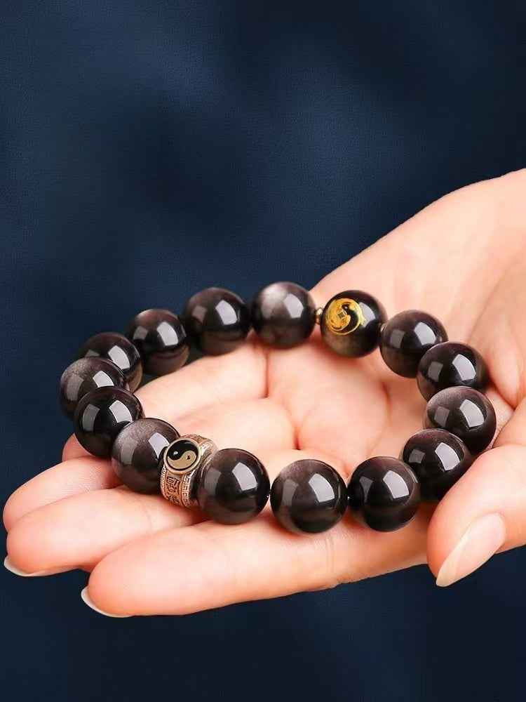 Nine Mantra Five Wealth Deities Bracelet S925 Silver | Triple Obsidian Variants