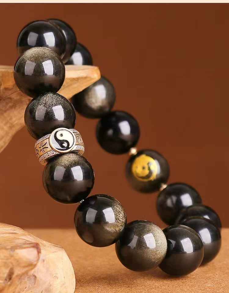 Nine Mantra Five Wealth Deities Bracelet S925 Silver | Triple Obsidian Variants