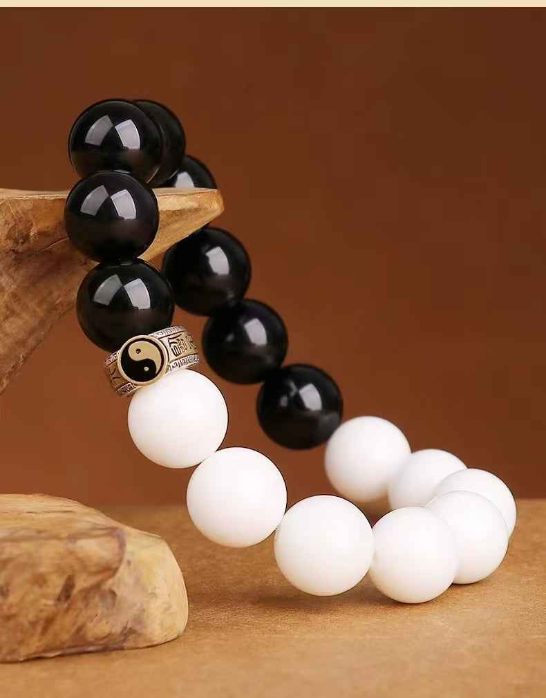 Nine Syllable Mantra Tai Chi Bracelet S925 Sterling Silver | Obsidian & White Jade Beads