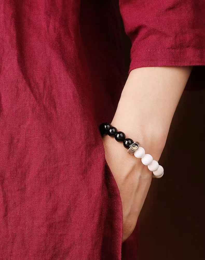 Nine Syllable Mantra Tai Chi Bracelet S925 Sterling Silver | Obsidian & White Jade Beads