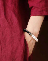 Nine Syllable Mantra Tai Chi Bracelet S925 Sterling Silver | Obsidian & White Jade Beads