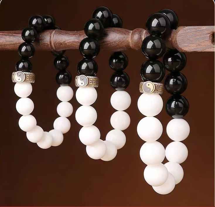 Nine Syllable Mantra Tai Chi Bracelet S925 Sterling Silver | Obsidian & White Jade Beads