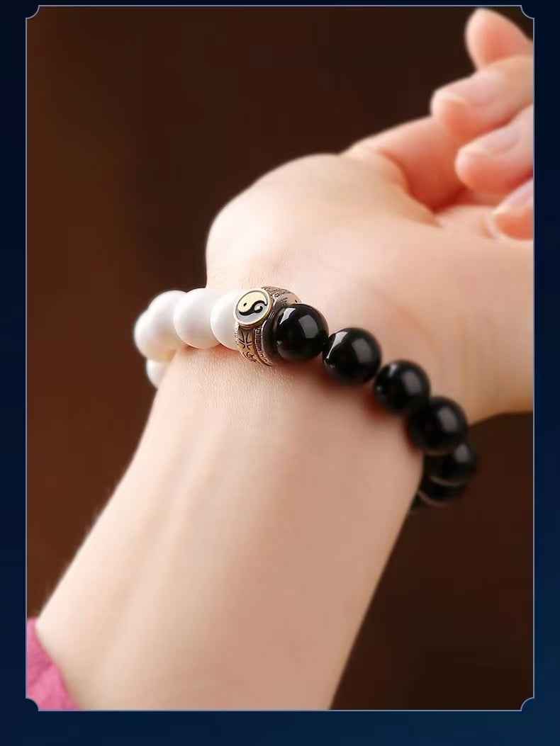 Nine Syllable Mantra Tai Chi Bracelet S925 Sterling Silver | Obsidian & White Jade Beads