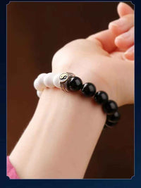 Nine Syllable Mantra Tai Chi Bracelet S925 Sterling Silver | Obsidian & White Jade Beads