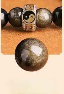 Nine Mantra Five Wealth Deities Bracelet S925 Silver | Triple Obsidian Variants