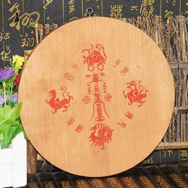 Peach Wood Carved 3D Qilin & Bagua Wall Plaque – Auspicious Feng Shui Door Decor