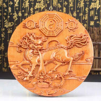 Peach Wood Carved 3D Qilin & Bagua Wall Plaque – Auspicious Feng Shui Door Decor