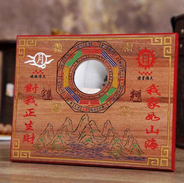 Peach Wood Carved Mountain & Sea Talisman – Hand-Painted Feng Shui Wall Plaque