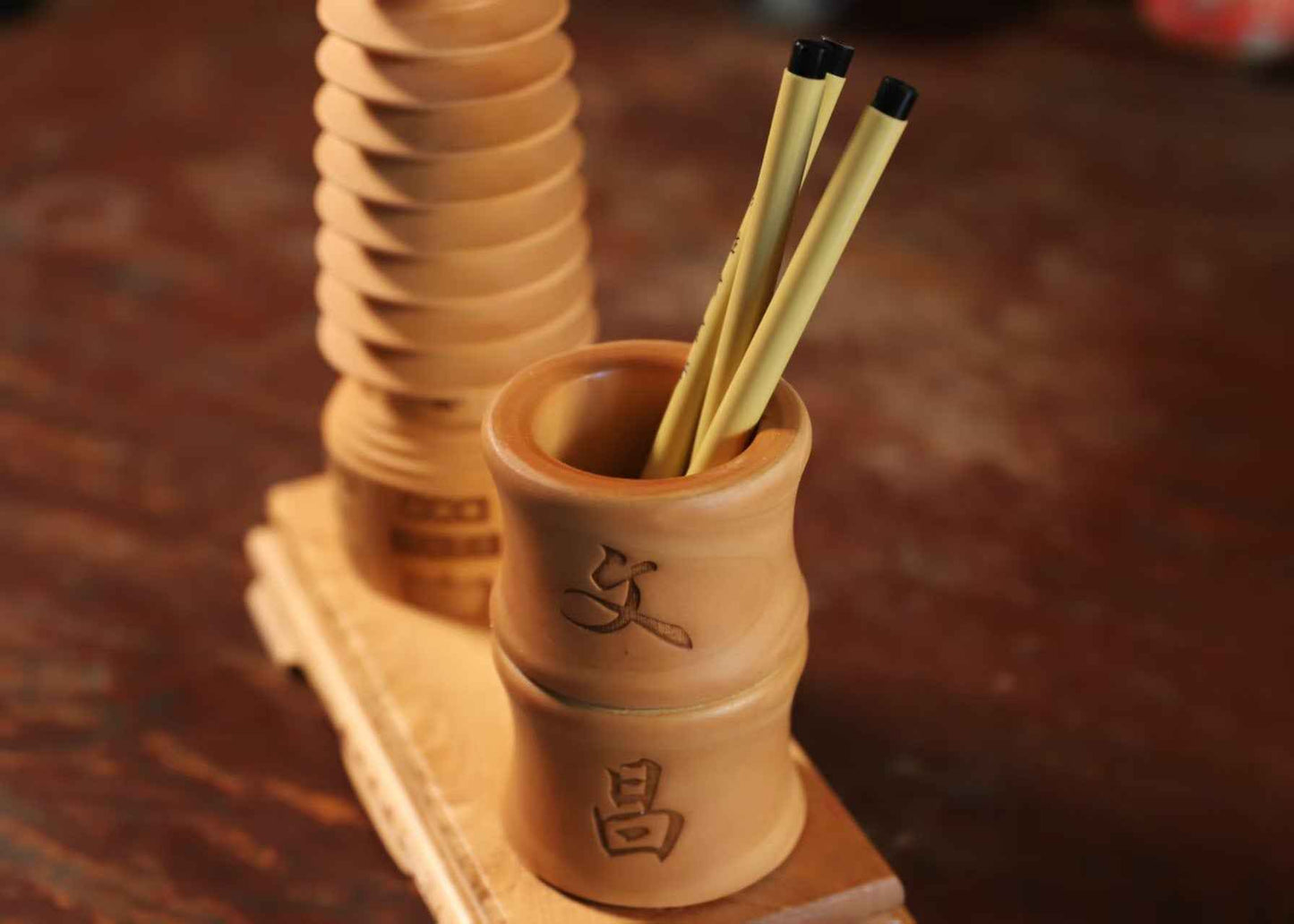 Scholar's Pagoda Pen Holder - Peach Wood Craftsmanship