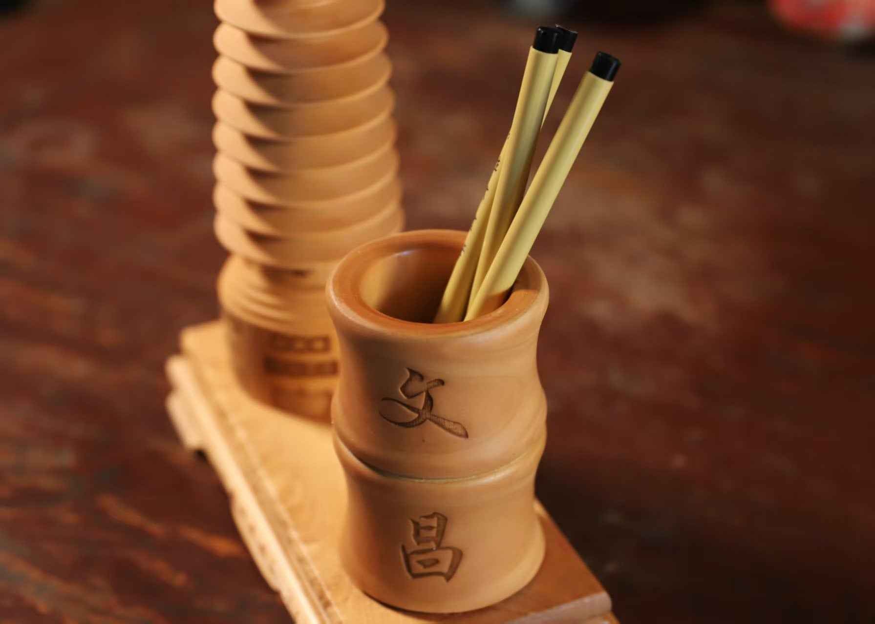 Scholar's Pagoda Pen Holder - Peach Wood Craftsmanship