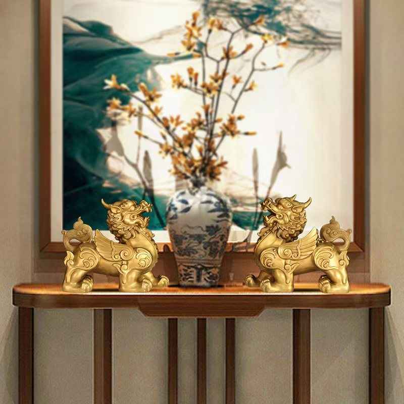 Pure Brass Pi Xiu Tower Sculpture – Feng Shui Wealth Guardian Set in Three Sizes