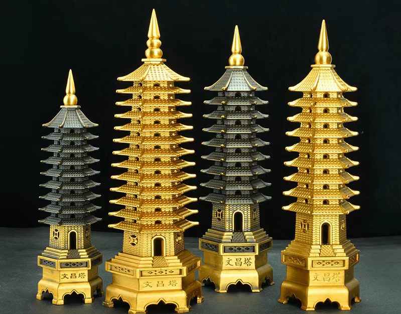Pure Brass Wen Chang Tower Sculpture – Feng Shui Academic Success & Career Advancement Talisman