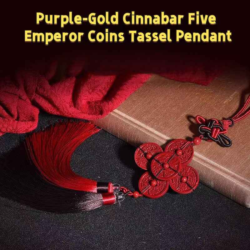 Purple-Gold Cinnabar Five Emperor Coins Tassel Pendant – Imperial Wealth &amp; Spiritual Elegance