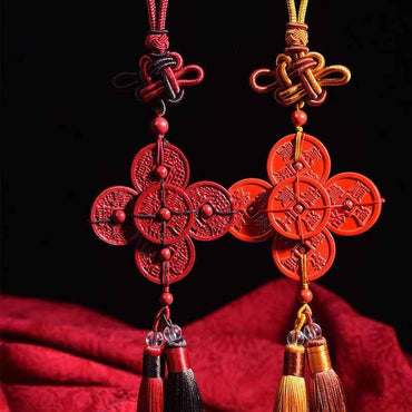 Purple-Gold Cinnabar Five Emperor Coins Tassel Pendant – Imperial Wealth &amp; Spiritual Elegance