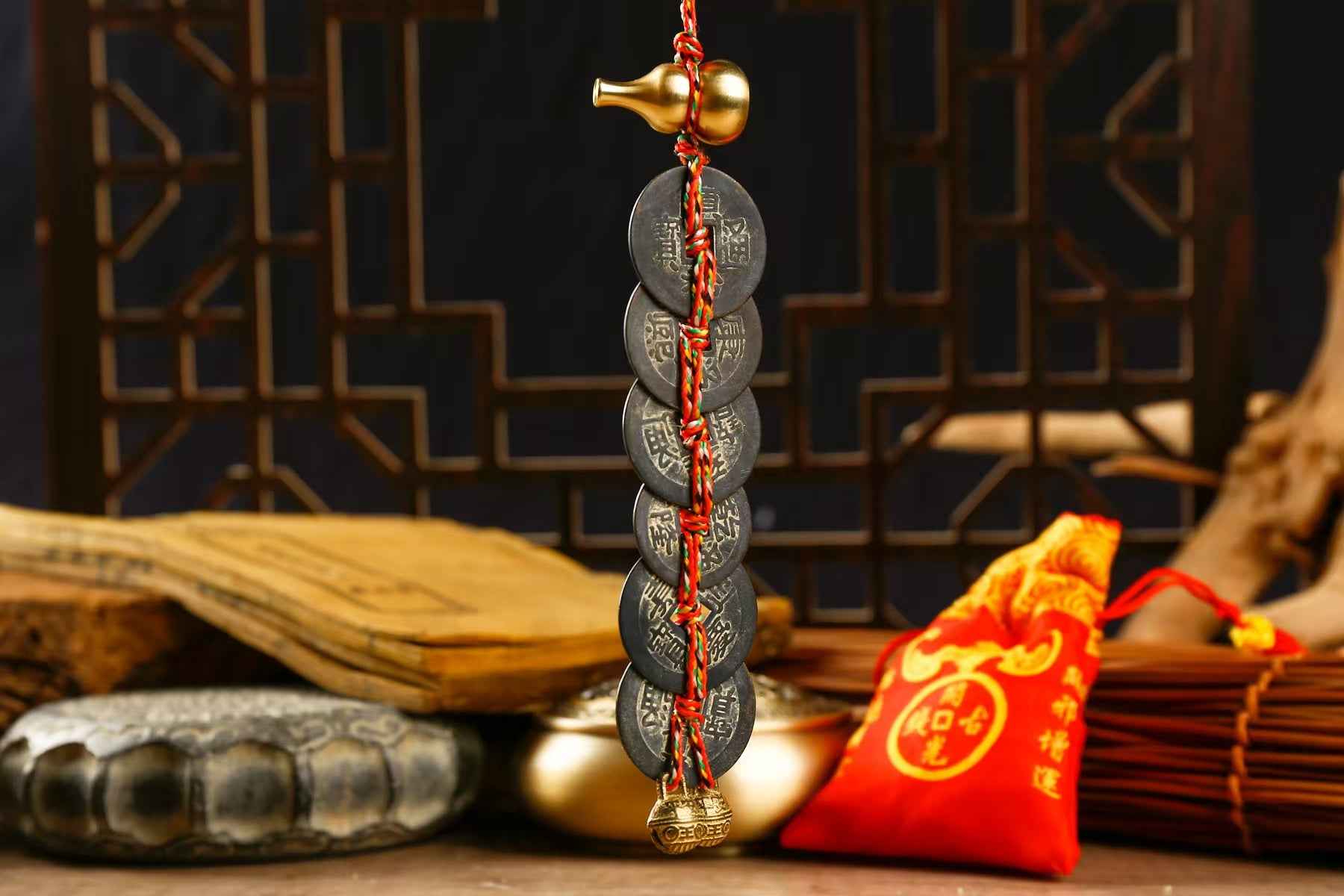Antique-style Five &amp; Six Emperor Coins Amulet – Feng Shui Wealth Charm Hanging Decor