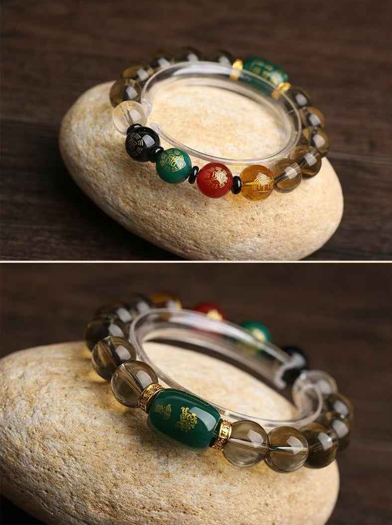 Smoky Quartz Zodiac Harmony Bracelet - Five Elements Energy & Triad Synergy (12mm Beads)