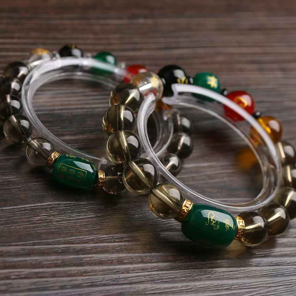 Smoky Quartz Zodiac Harmony Bracelet - Five Elements Energy & Triad Synergy (12mm Beads)