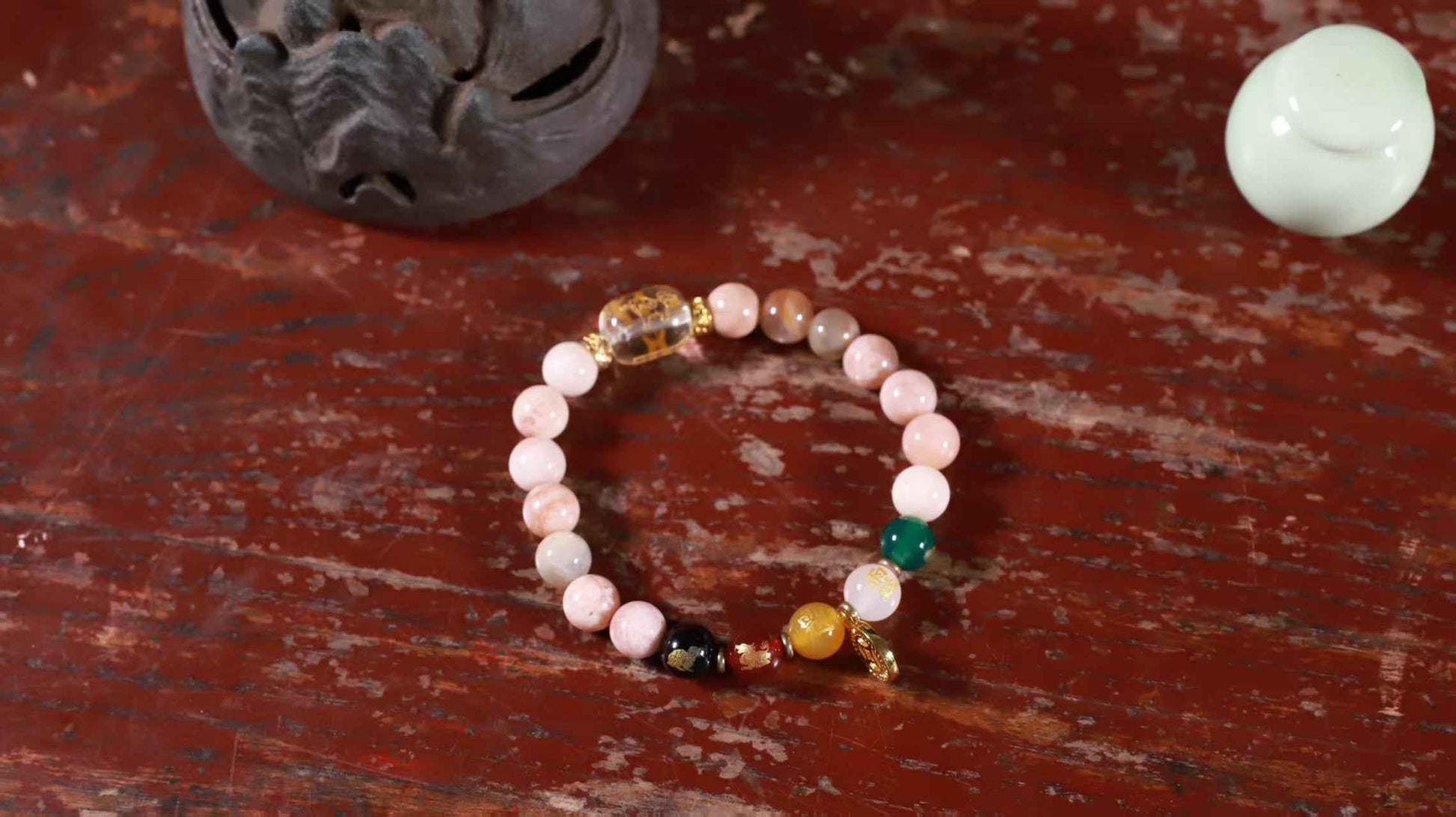 Sunstone Abundance Bracelet - 8mm Solar Energized Jewelry with Five Wealth Gods Charm
