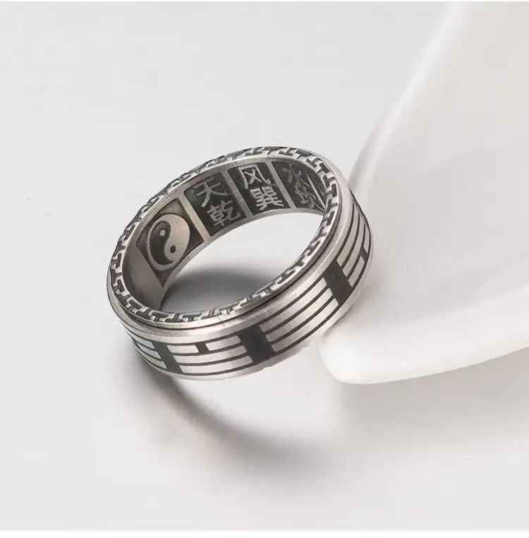Rotating Titanium Steel Bagua Ring – Engraved Eight Trigrams & Trigram Names (18mm)
