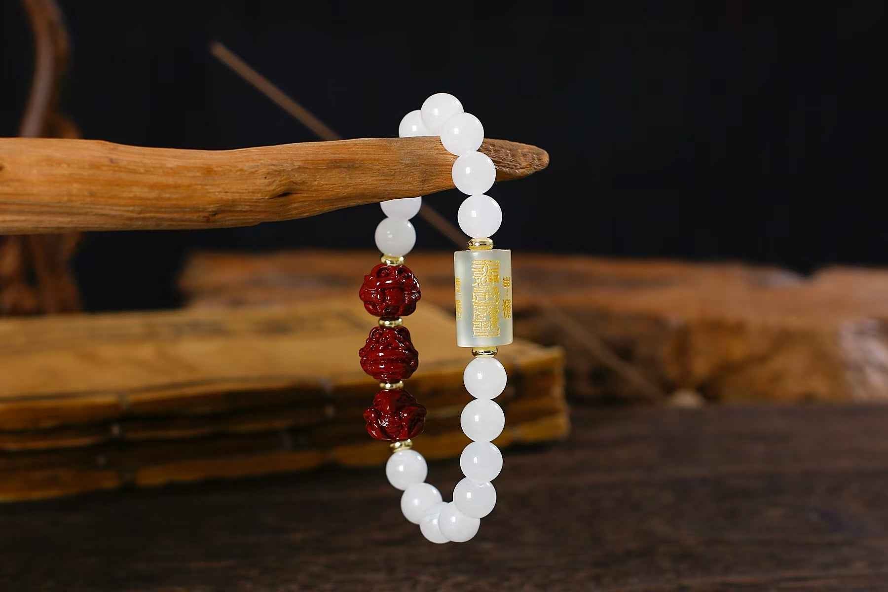 Triple Harmony Zodiac Bracelet – White Jade, Xiuyan Jade & Cinnabar Energy Jewelry